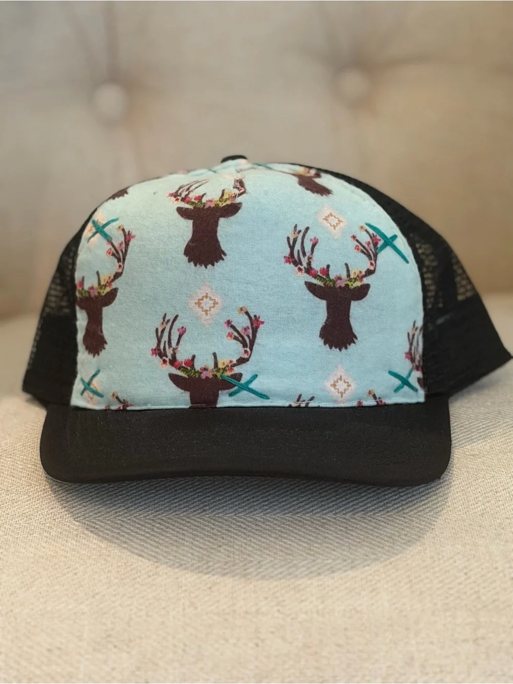Floral Antler Trucker Hat - Black and Light Blue